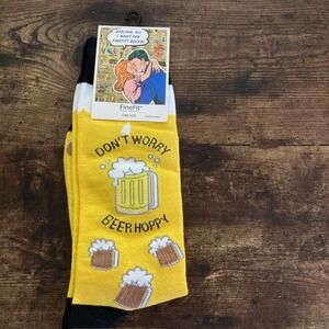FineFit Fun Socks Dont Worry Beer Hoppy Yellow Novelty Crew Socks One Size NEW